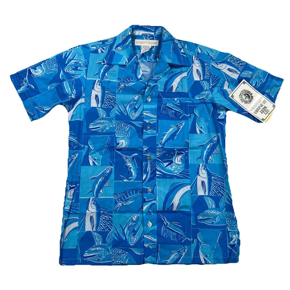Vintage KEY WEST FASHIONS Button Up Shirt Blue Sport‎ Fish Men's Small Brand New